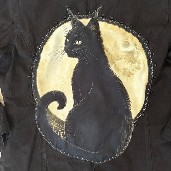 Vintage Upcycled Denim Jacket M Beaded Goth Black Cat Whimsical Statement - Picture 5 of 8